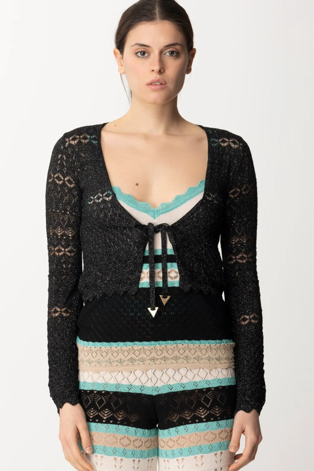 Akep Croprispalle Corto In Punto Pizzo LurexNERO