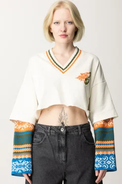 Akep Felpa Crop con Maniche Inserto JacquardPANNA