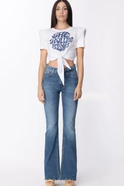 Aniye By Crop T-shirt con Nodo e Scritta RollingWHITE