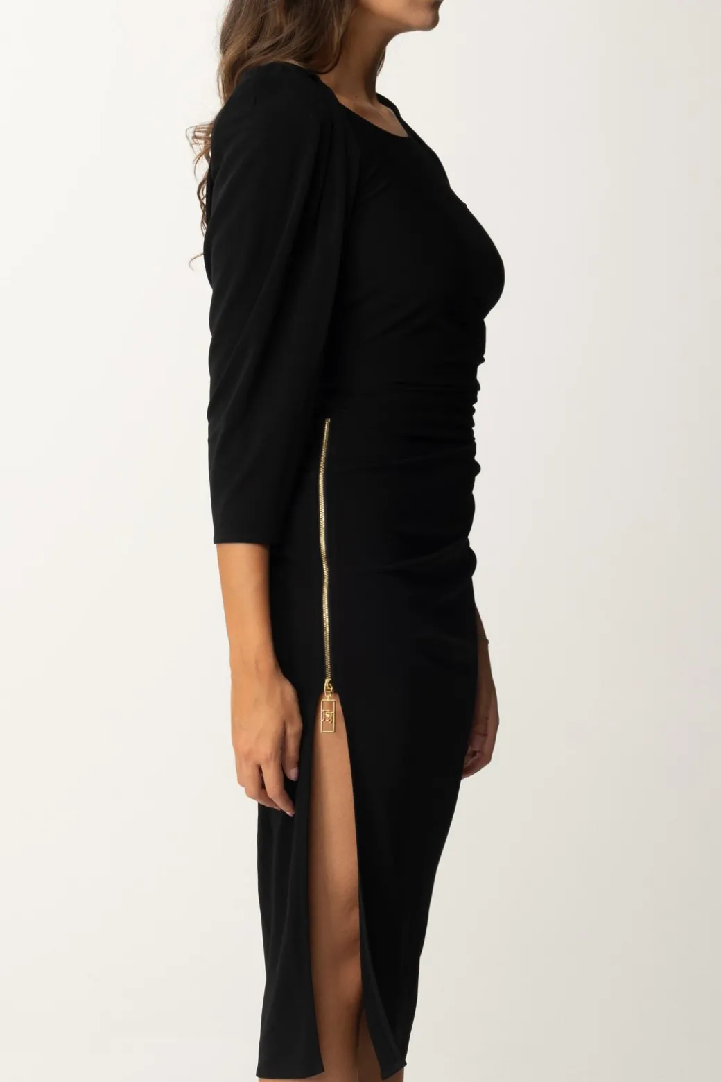 Elisabetta Franchi Abito Midi con Pieghe e Zip Sul FiancoNERO