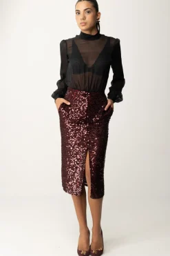 Elisabetta Franchi Abito Midi In Georgette Di Seta Ricamata con PaillettesNERO/ROUGE NOIR