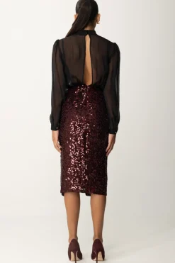 Elisabetta Franchi Abito Midi In Georgette Di Seta Ricamata con PaillettesNERO/ROUGE NOIR