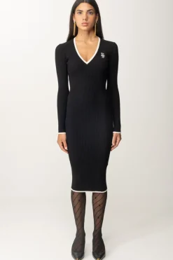 Elisabetta Franchi Abito Midi a Costine con Orli a ContrastoNERO/BURRO