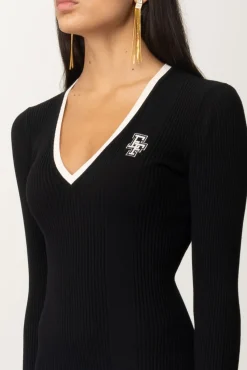 Elisabetta Franchi Abito Midi a Costine con Orli a ContrastoNERO/BURRO