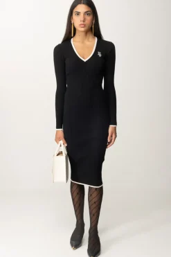 Elisabetta Franchi Abito Midi a Costine con Orli a ContrastoNERO/BURRO