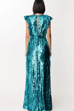 Elisabetta Franchi Abito Lungo con Paillettes e VolantPAVONE