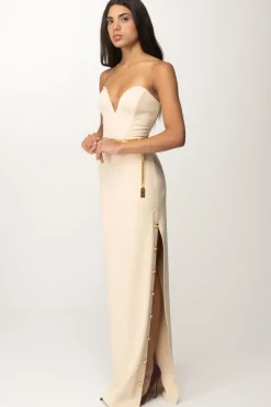 Elisabetta Franchi Abito Red Carpet con Bottoni Al Fianco e CinturaCREMA