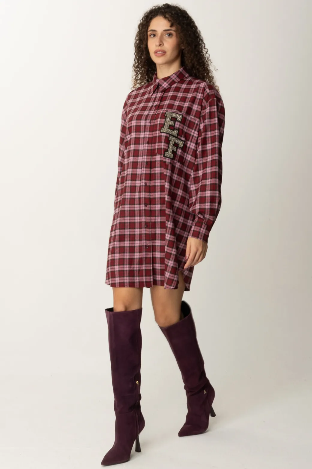 Elisabetta Franchi Abito Camicia In Lana Tartan con Patch RicamatoRED PASSION