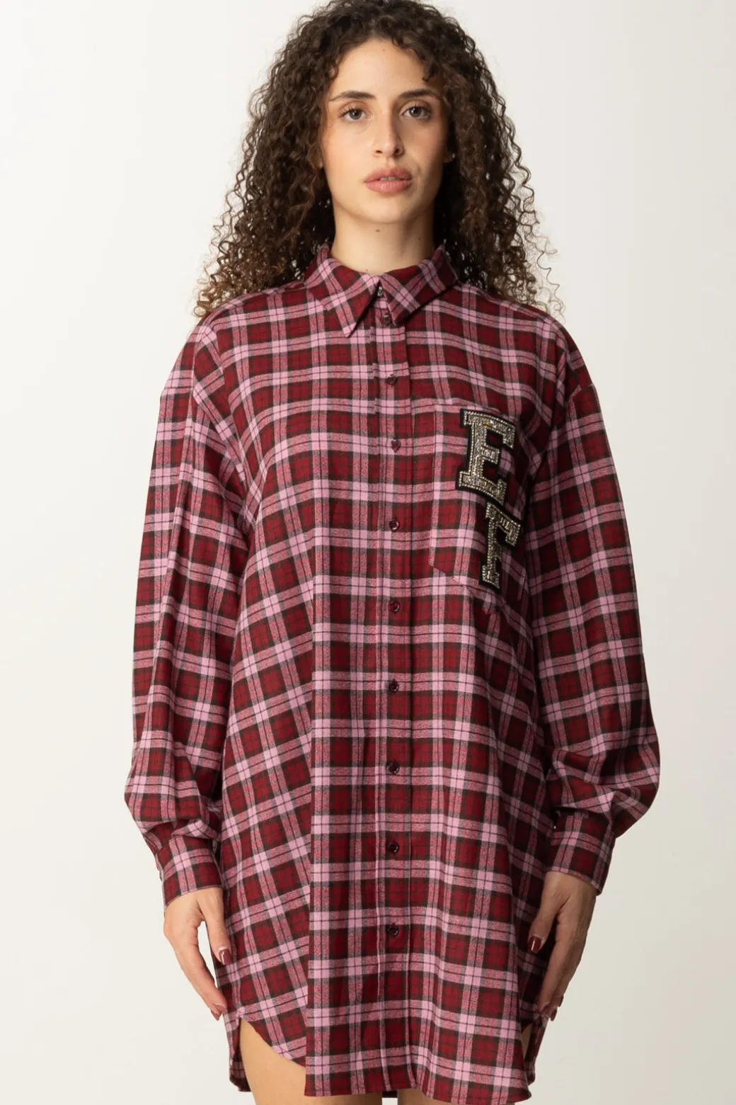 Elisabetta Franchi Abito Camicia In Lana Tartan con Patch RicamatoRED PASSION