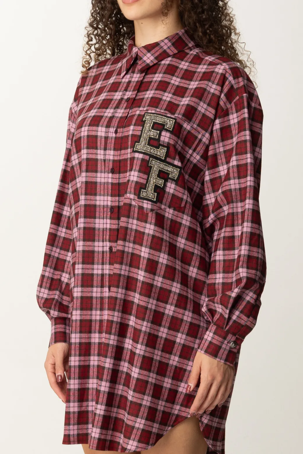 Elisabetta Franchi Abito Camicia In Lana Tartan con Patch RicamatoRED PASSION