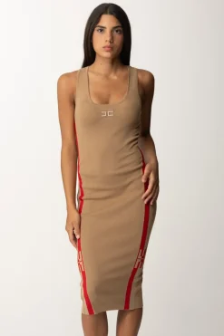 Elisabetta Franchi Abito Midi In Viscosa con Bande LogoCAMEL/RED PASSION