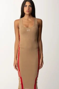 Elisabetta Franchi Abito Midi In Viscosa con Bande LogoCAMEL/RED PASSION
