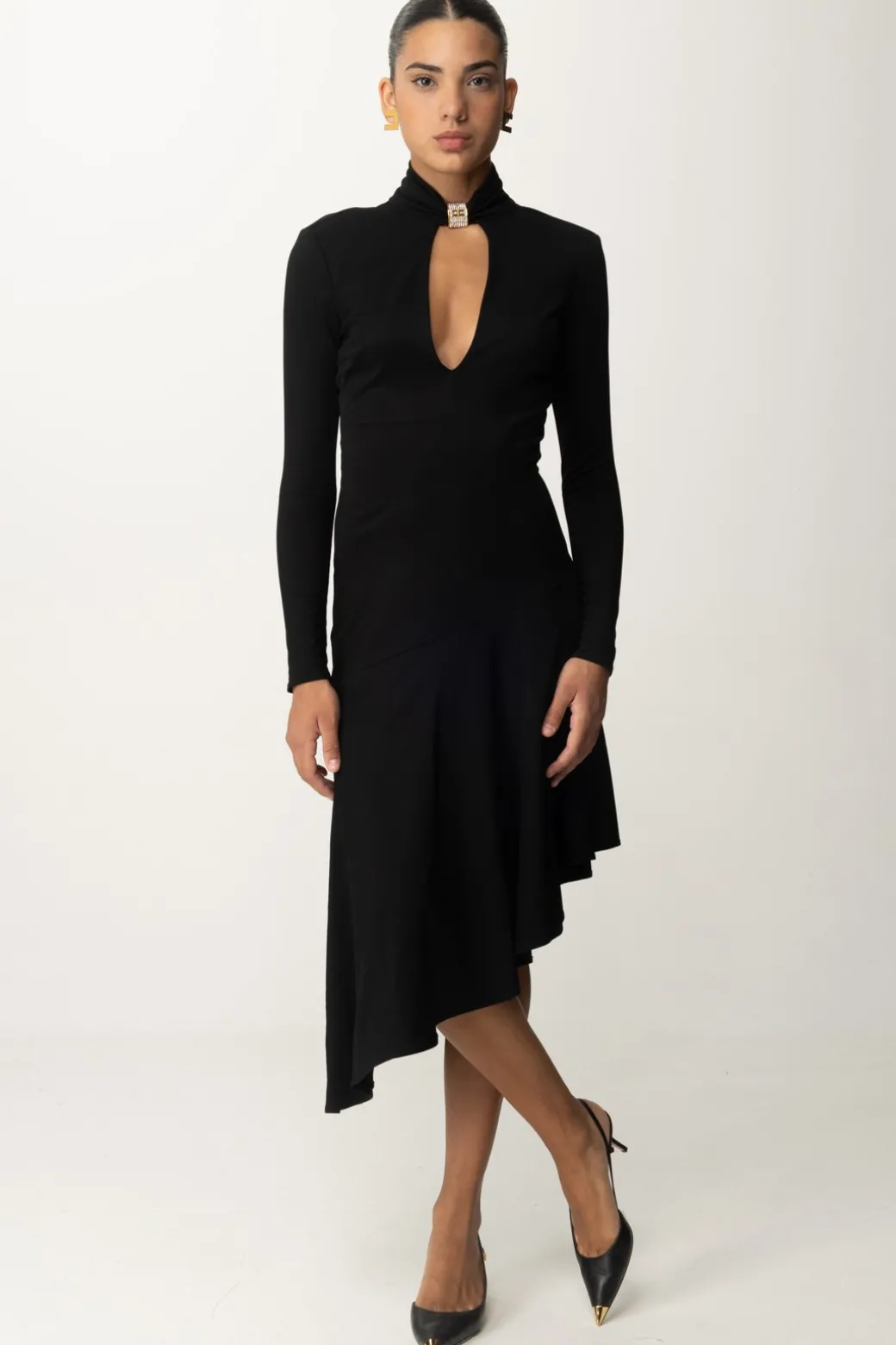 Elisabetta Franchi Abito Midi Asimmetrico con GioielloNERO