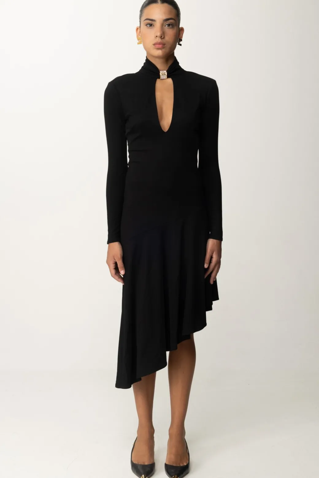 Elisabetta Franchi Abito Midi Asimmetrico con GioielloNERO