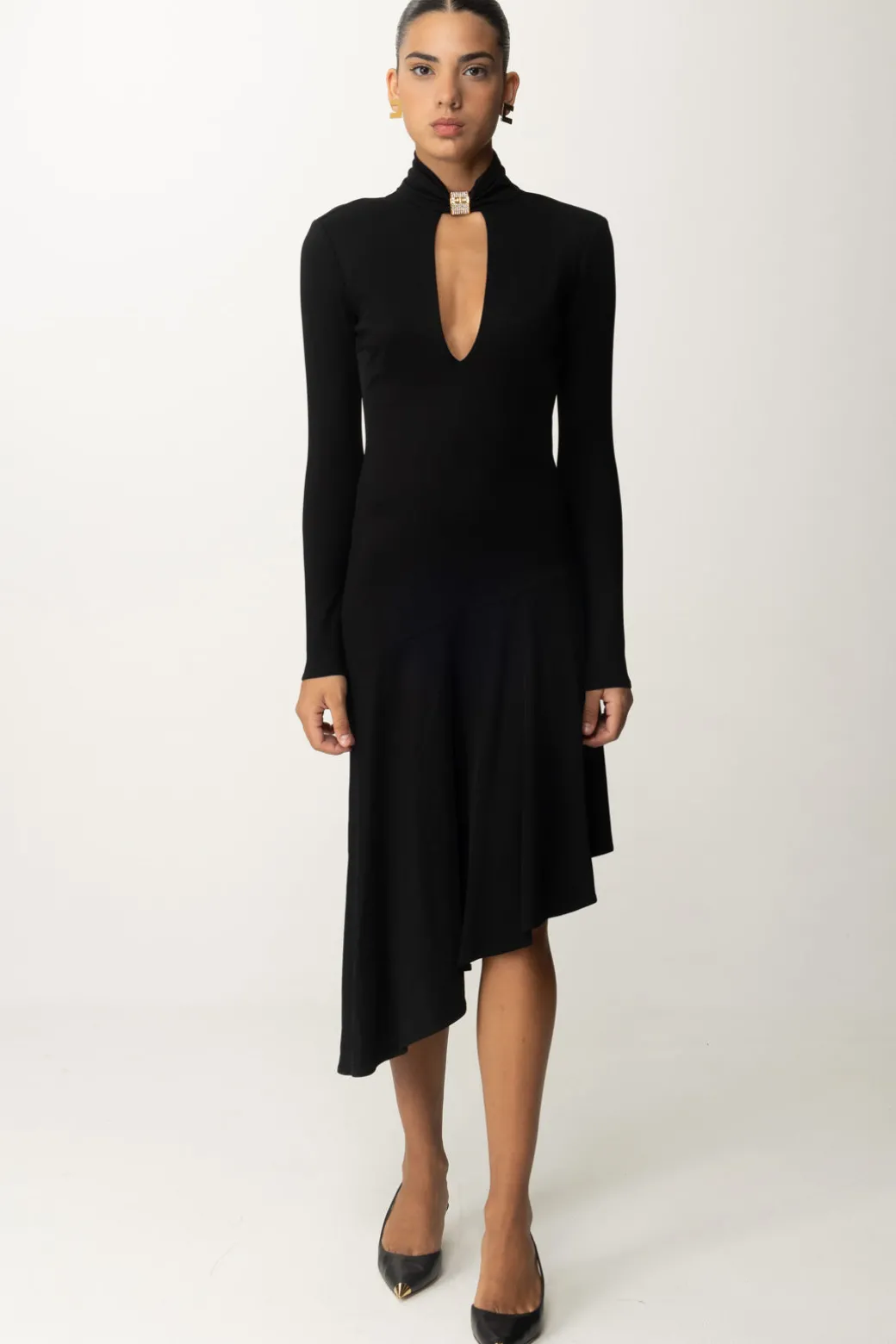 Elisabetta Franchi Abito Midi Asimmetrico con GioielloNERO