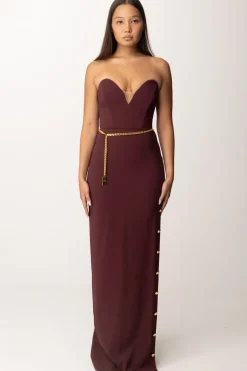 Elisabetta Franchi Abito Red Carpet con Bottoni Al Fianco e CinturaROUGE NOIR