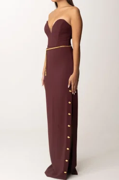 Elisabetta Franchi Abito Red Carpet con Bottoni Al Fianco e CinturaROUGE NOIR