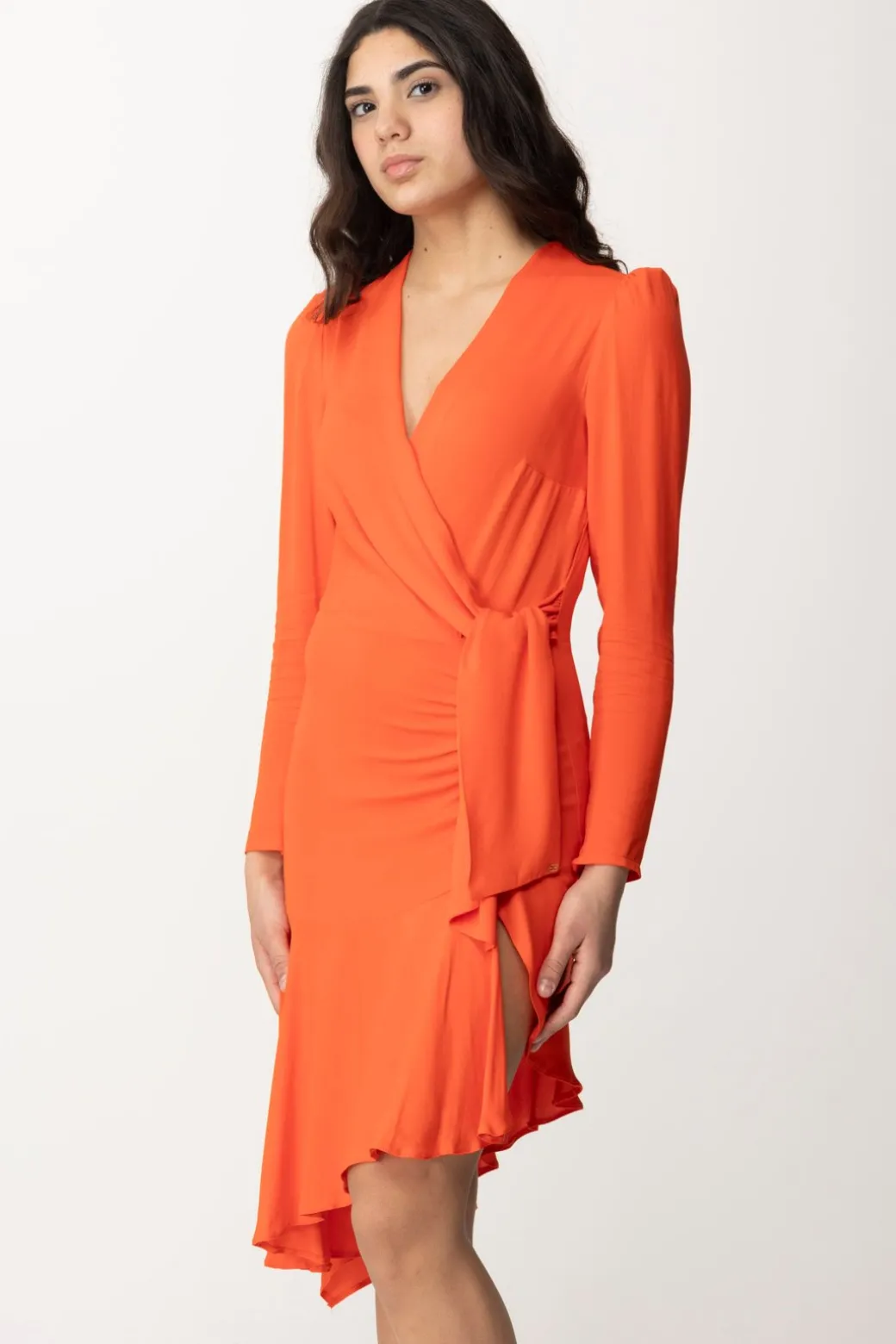 Elisabetta Franchi Abito Midi Asimmetrico con Nodo Al FiancoCORALLO