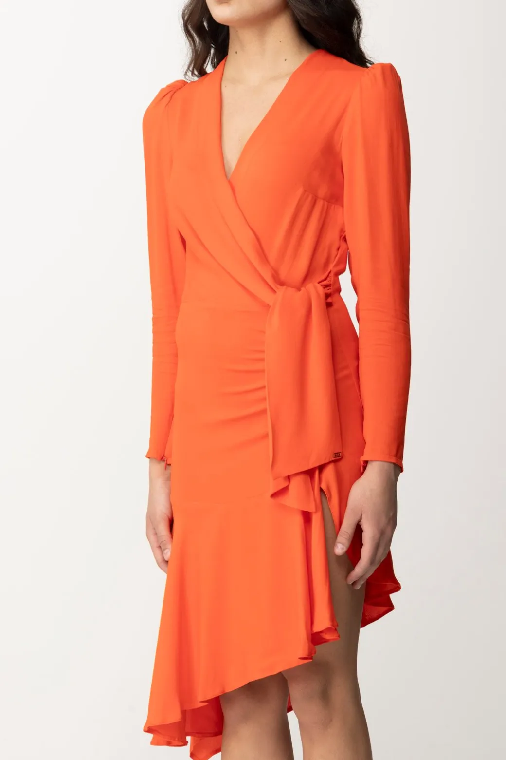 Elisabetta Franchi Abito Midi Asimmetrico con Nodo Al FiancoCORALLO