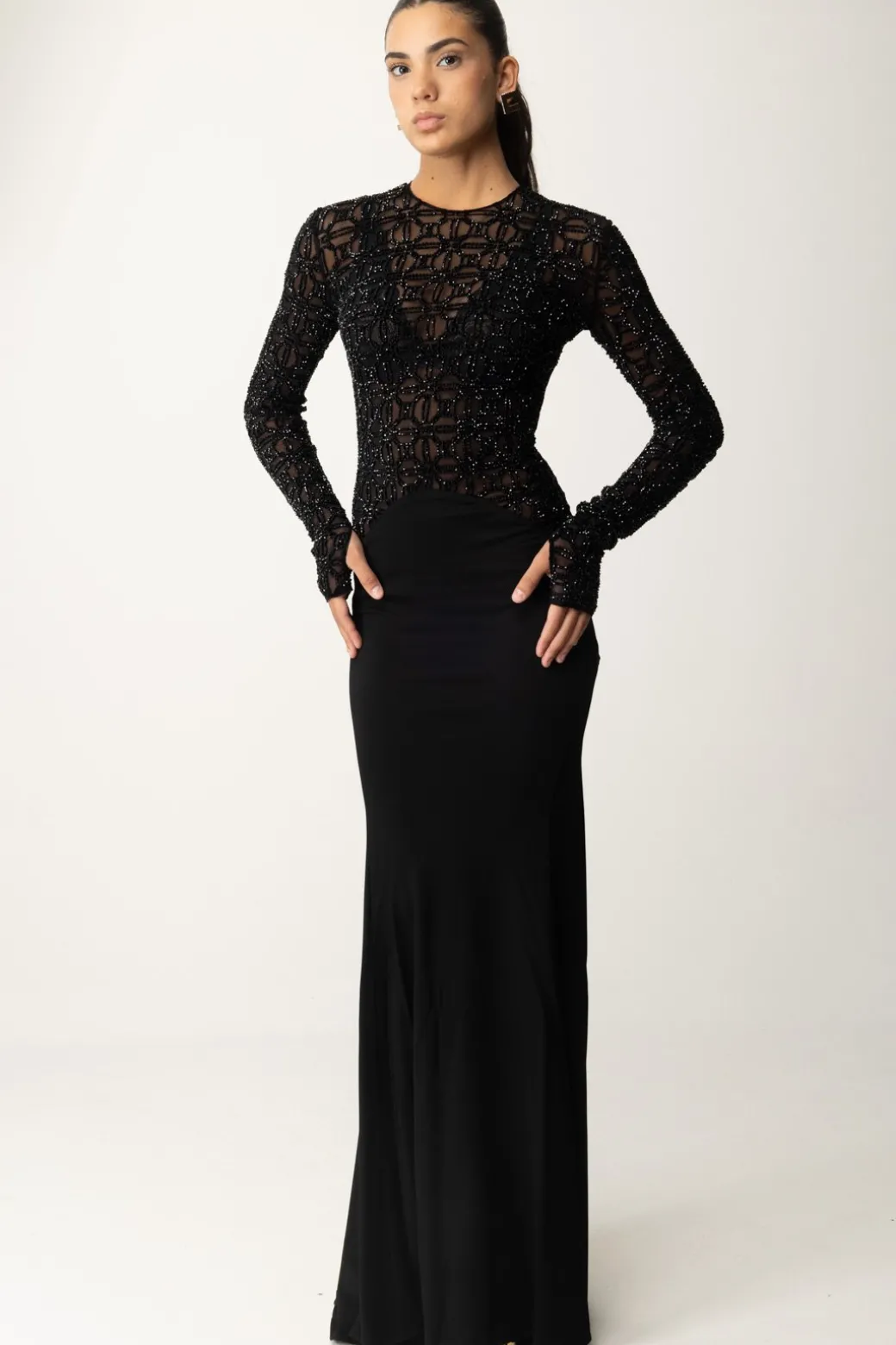 Elisabetta Franchi Abito Red Carpet In Tulle Flock RicamatoNERO