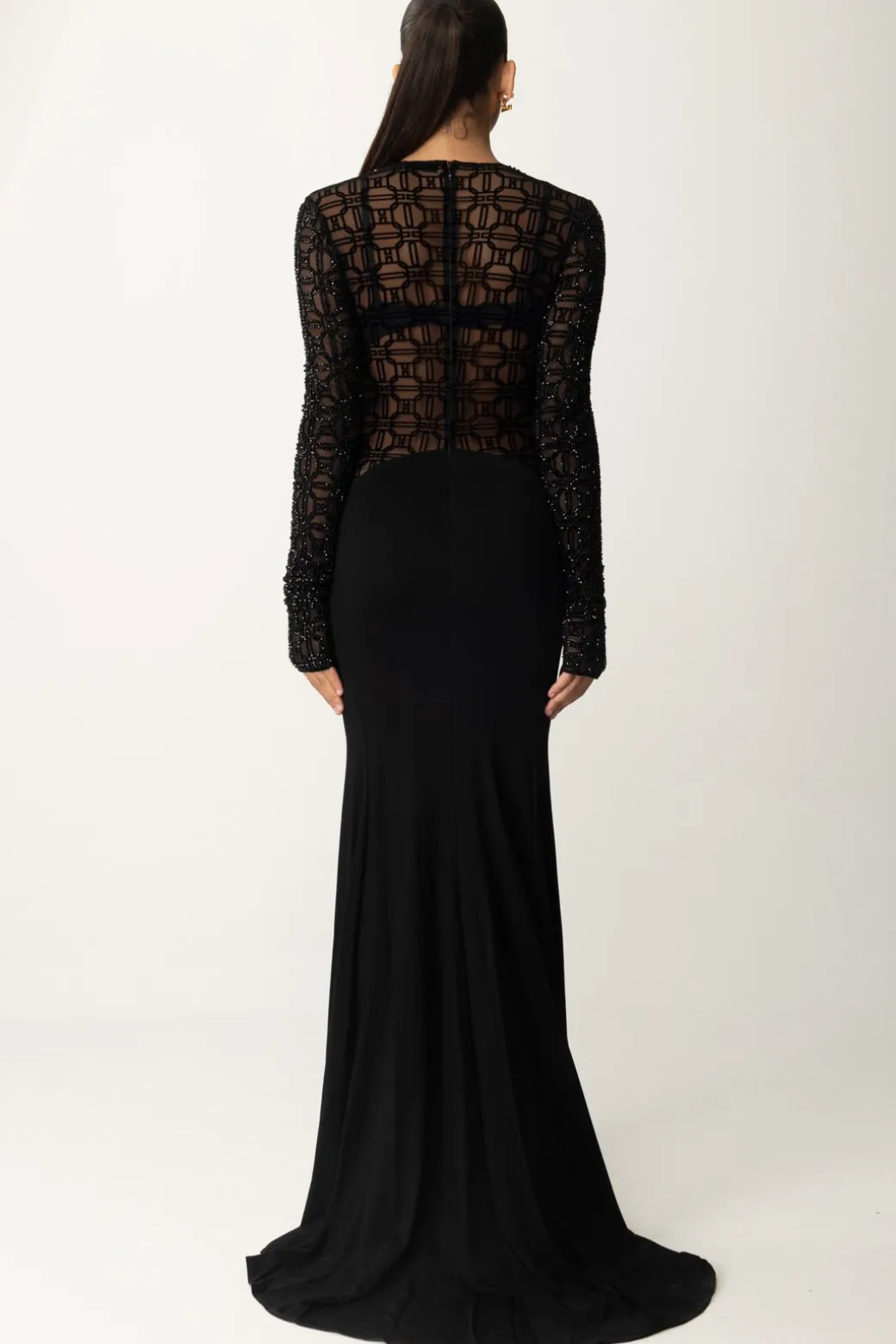 Elisabetta Franchi Abito Red Carpet In Tulle Flock RicamatoNERO