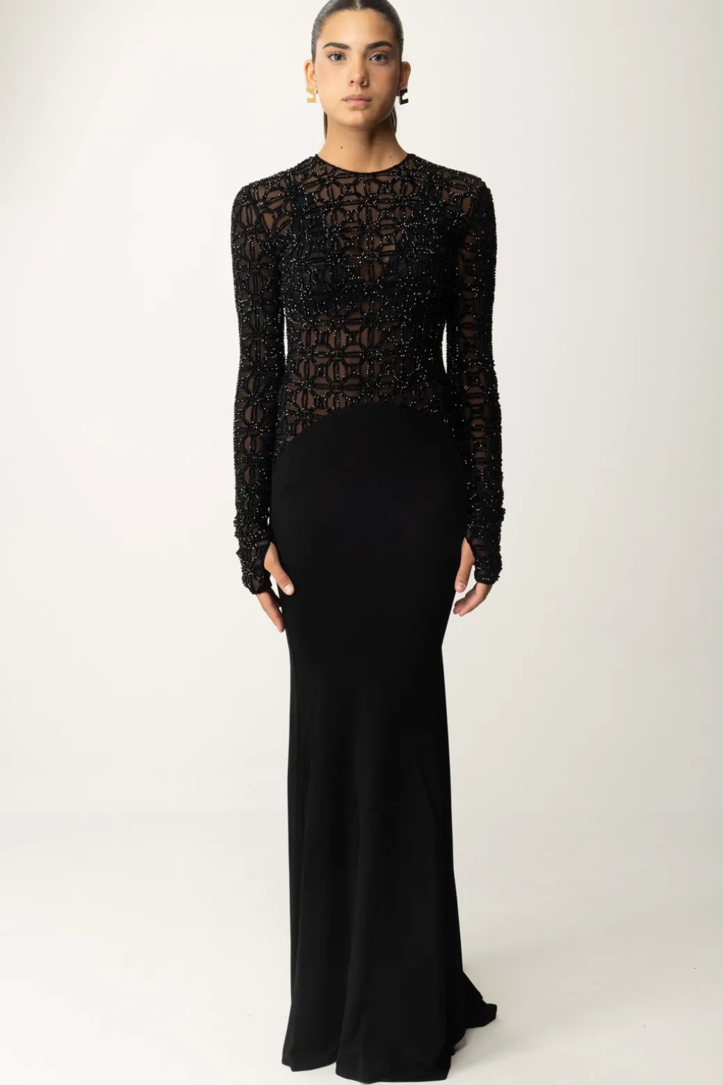 Elisabetta Franchi Abito Red Carpet In Tulle Flock RicamatoNERO