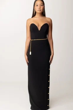 Elisabetta Franchi Abito Red Carpet con Bottoni Al Fianco e CinturaNERO