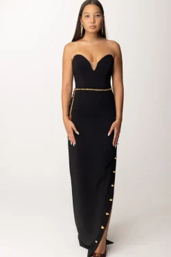 Elisabetta Franchi Abito Red Carpet con Bottoni Al Fianco e CinturaNERO