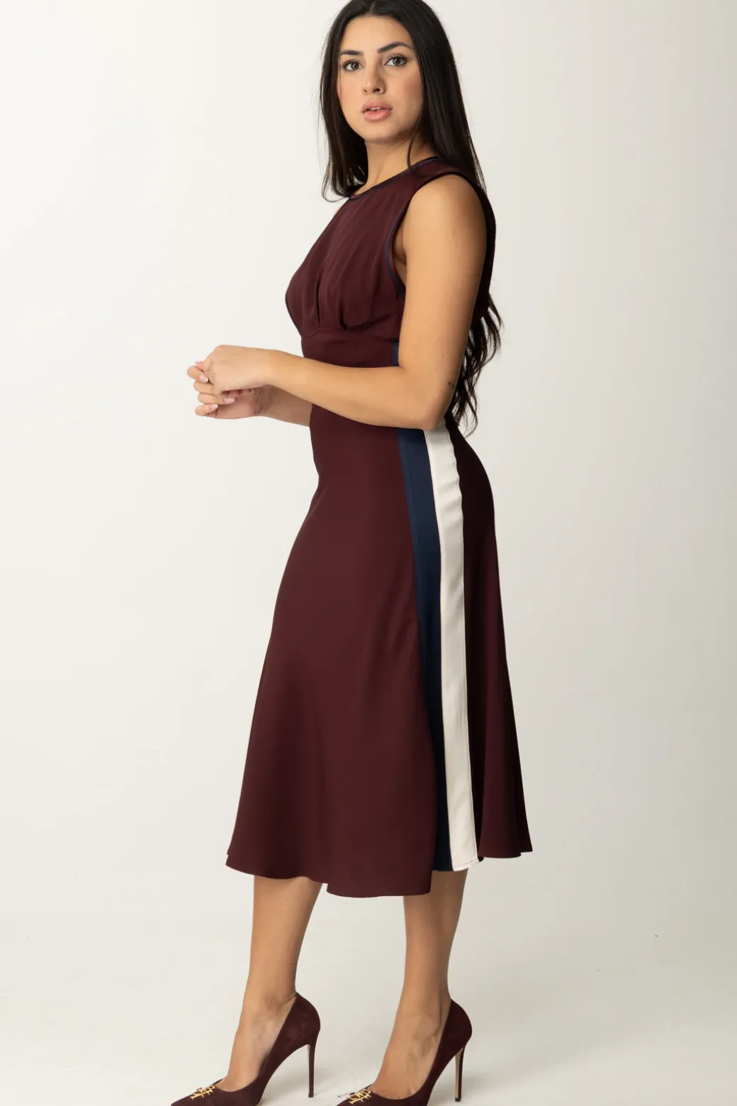 Elisabetta Franchi Abito Midi con Bande a ContrastoROUGE NOIR/NAVY/BURRO