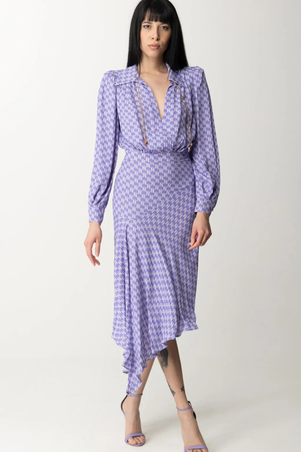 Elisabetta Franchi Abito Midi Asimmetrico Stampa LogoIRIS/BURRO