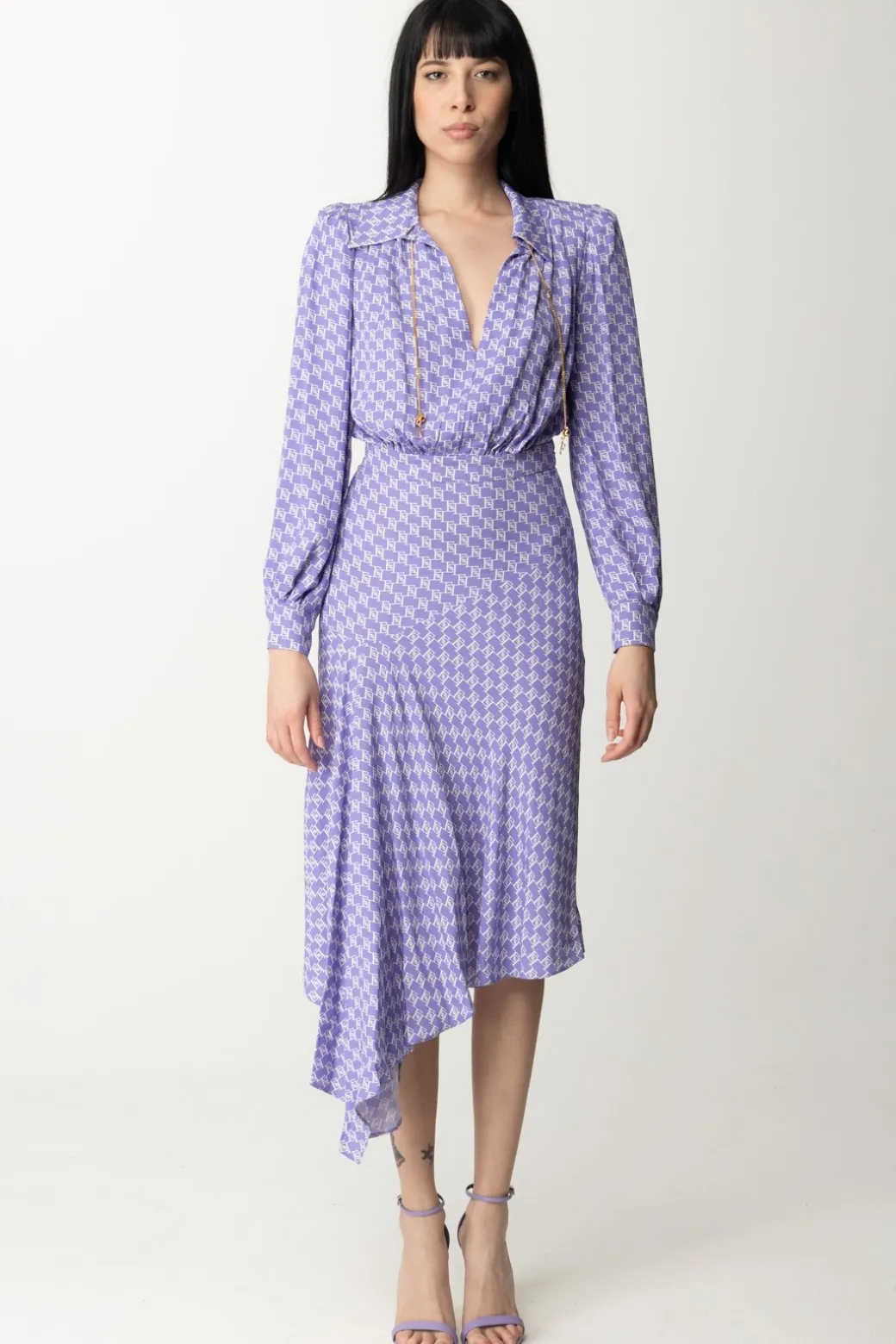 Elisabetta Franchi Abito Midi Asimmetrico Stampa LogoIRIS/BURRO