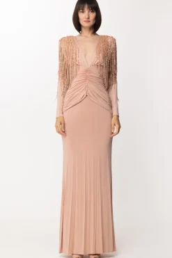 Elisabetta Franchi Abito Red Carpet con Frange Sulle SpalleCARNE