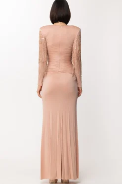 Elisabetta Franchi Abito Red Carpet con Frange Sulle SpalleCARNE