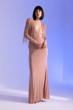 Elisabetta Franchi Abito Red Carpet con Frange Sulle SpalleCARNE