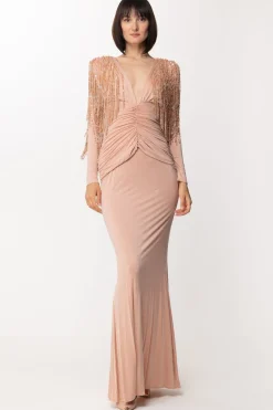 Elisabetta Franchi Abito Red Carpet con Frange Sulle SpalleCARNE