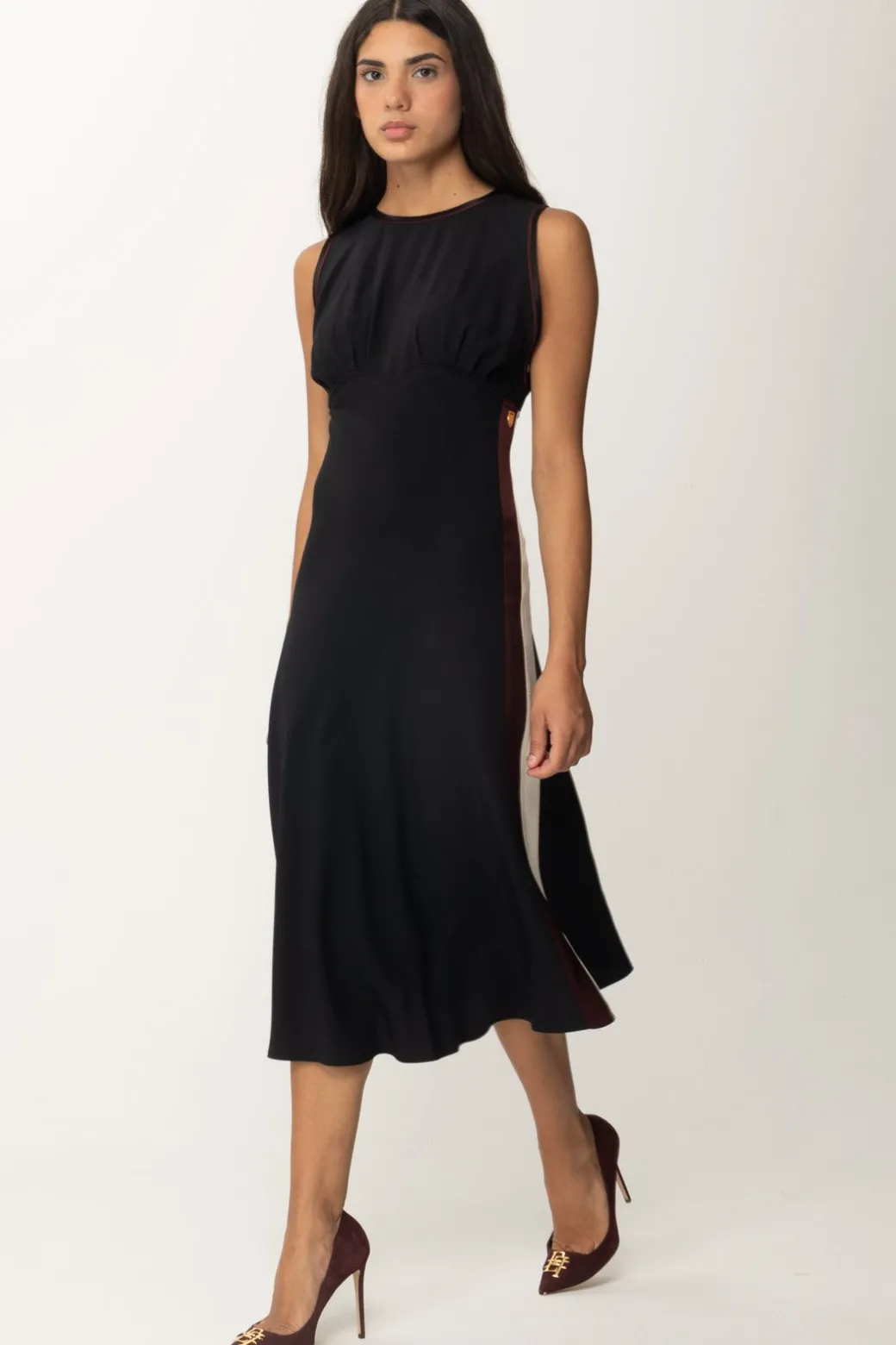 Elisabetta Franchi Abito Midi con Bande a ContrastoNERO/ROUGE NOIR/BURRO