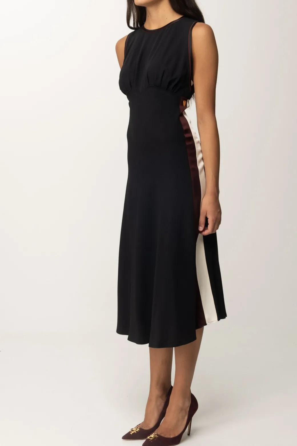 Elisabetta Franchi Abito Midi con Bande a ContrastoNERO/ROUGE NOIR/BURRO