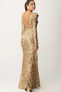 Elisabetta Franchi Abito Red Carpet In Paillettes con Catena e StrassGOLD