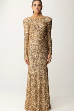 Elisabetta Franchi Abito Red Carpet In Paillettes con Catena e StrassGOLD