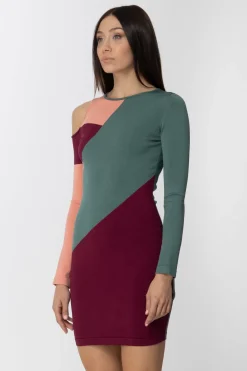 Elisabetta Franchi Abito Tricolor con Spalla Cut-outMOSTO/PETROLIO/BLUSH