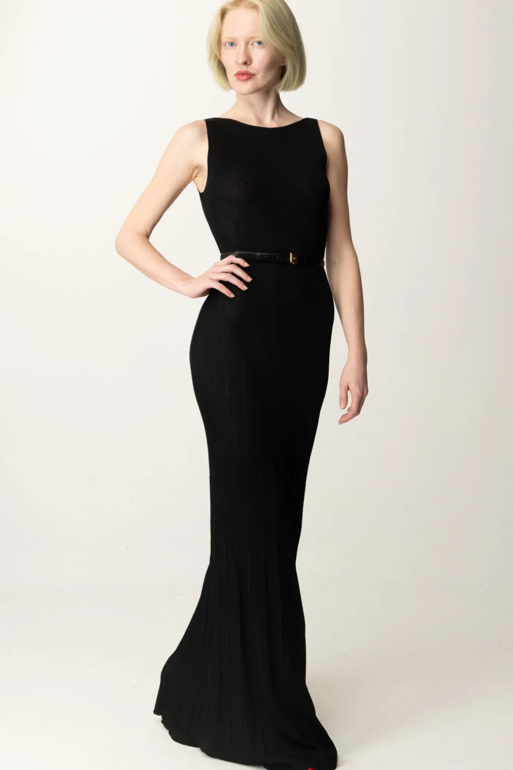 Elisabetta Franchi Abito Lungo a Costina PlisséNERO