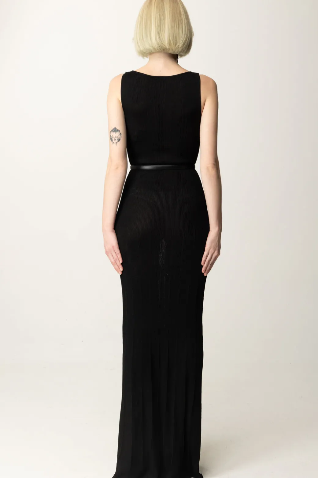 Elisabetta Franchi Abito Lungo a Costina PlisséNERO