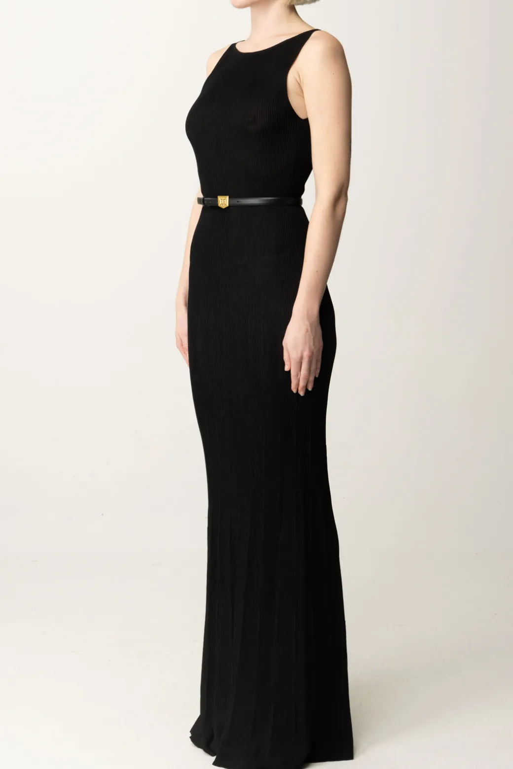Elisabetta Franchi Abito Lungo a Costina PlisséNERO