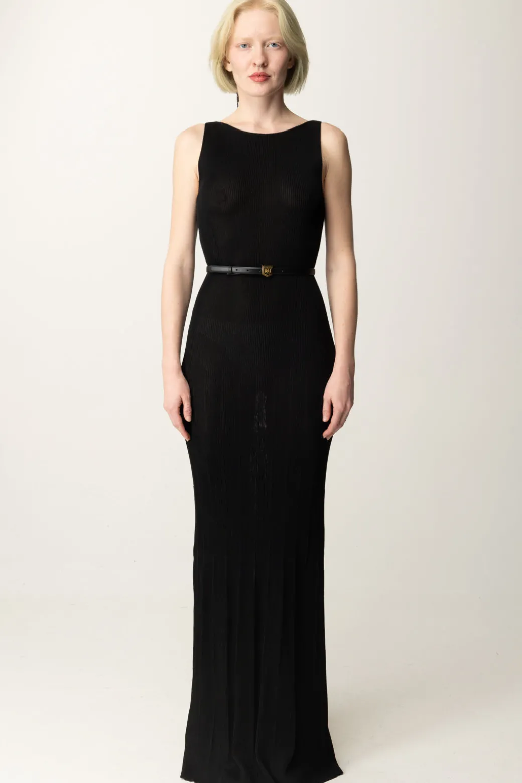 Elisabetta Franchi Abito Lungo a Costina PlisséNERO