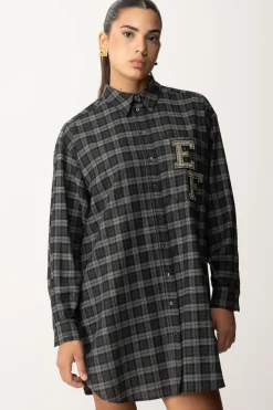 Elisabetta Franchi Abito Camicia In Lana Tartan con Patch RicamatoSTEEL
