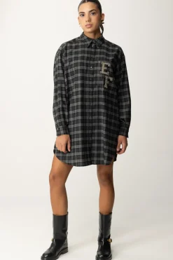 Elisabetta Franchi Abito Camicia In Lana Tartan con Patch RicamatoSTEEL