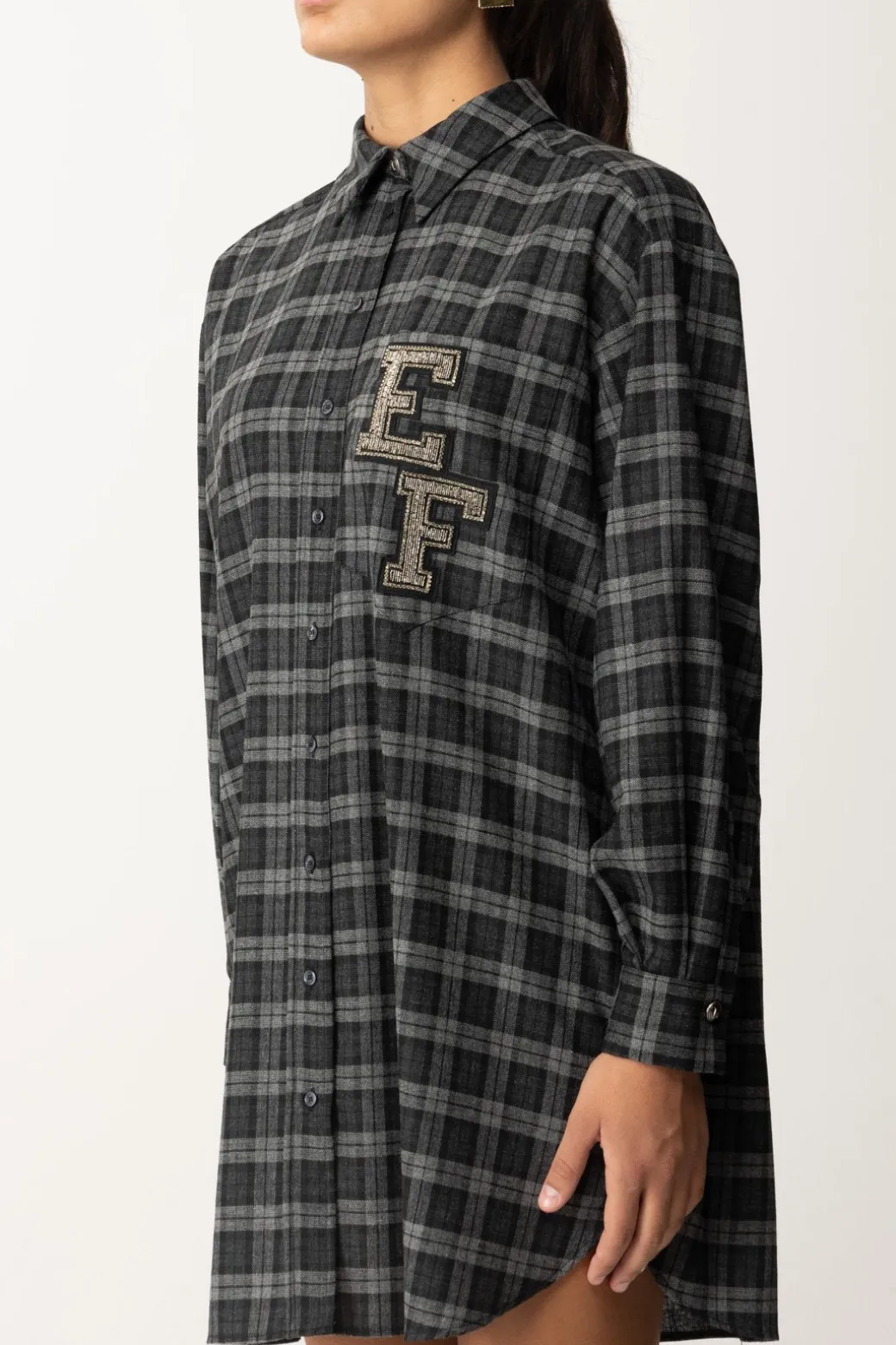 Elisabetta Franchi Abito Camicia In Lana Tartan con Patch RicamatoSTEEL