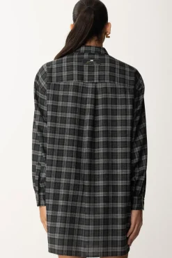 Elisabetta Franchi Abito Camicia In Lana Tartan con Patch RicamatoSTEEL