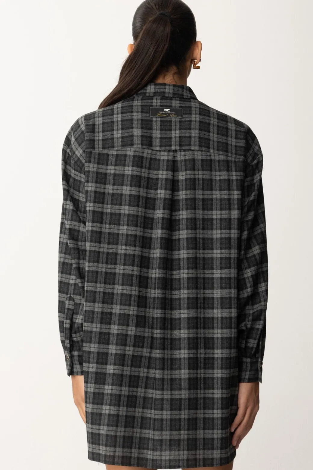 Elisabetta Franchi Abito Camicia In Lana Tartan con Patch RicamatoSTEEL