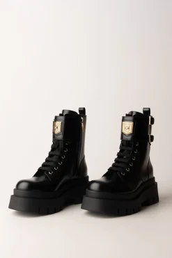 Elisabetta Franchi Anfibi In Pelle con Placca LogoNERO